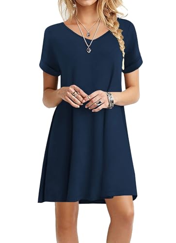 Actcat Sommerkleid Damen Kurzarm Loose Swing-Kleid mit Taschen A-Linie Casual Kleider,Kurzarm Tshirt Kleid Locker Midi Kleider Knielang Schwingen Sommerkleid Strandkleid mit Taschen,Navy,XXL von Actcat