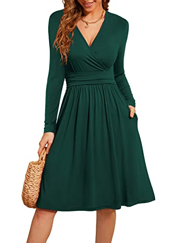 Actcat V-Ausschnitt Pullover Kleid Langarm Casual Kleider Herbst Kleid Floral Party Kleid mit Taschen herbstkleid Damen Winterkleider Damen Festliche Kleider für Damen weihnachtskleid,Dunkelgrün,M von Actcat