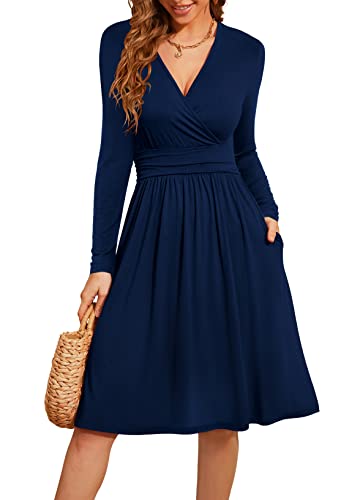 Actcat V-Ausschnitt Pullover Kleid Langarm Casual Kleider Herbst Kleid Floral Party Kleid mit Taschen herbstkleid Damen Winterkleider Damen Festliche Kleider für Damen weihnachtskleid,Marineblau,S von Actcat