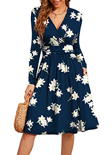 Actcat V-Ausschnitt Pullover Kleid Langarm Casual Kleider Herbst Kleid Floral Party Kleid mit Taschen herbstkleid Damen Winterkleider Damen Festliche Kleider für Damen weihnachtskleid YH Navy Lily L von Actcat