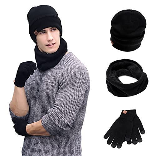 Acxilexy Winter Beanie Mütze Schal und Handschuhe Set für Männer und Frauen, Beanie Hut Nackenwärmer und Touchscreen Handschuhe mit Warmem Fleecefutter für Outdoor Sport Aktivitäten (Schwarz) von Acxilexy