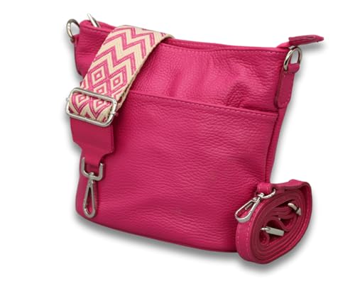 ADEL Damen Umhängetasche LINA Handgemachte Crossbody Bag Echtes Leder mit Ledergurt + Breitem Gemustertem Riemen 4 Fächer Wasserdichte Stylische Made in Italy Schultertasche (Pink) von Adel Bags