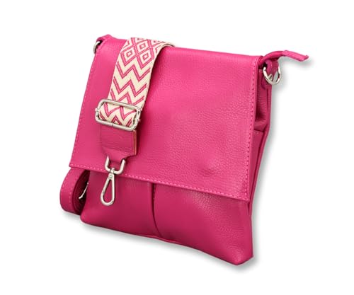 ADEL Umhängetasche für Damen ELLA Handgemachte Crossbody Bag Echtes Leder Stylische Schultertasche mit Ledergurt + Breitem Gemustertem Riemen Verstellbarer Gurt Made in Italy (Pink) von Adel Bags