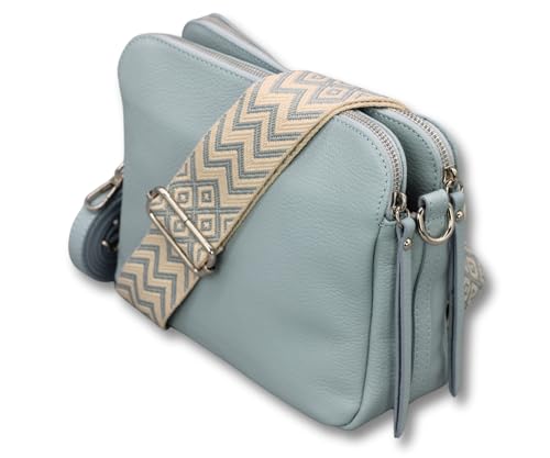 ADEL Umhängetasche für Damen MARA Handgemachte Crossbody Bag Schultertasche aus 100% Echtleder mit Ledergurt + Breitem Gemustertem Riemen Verstellbarer Gurt Made in Italy (Hellblau) von Adel Bags