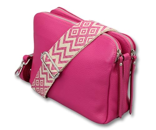 ADEL Umhängetasche für Damen MARA Handgemachte Crossbody Bag Schultertasche aus 100% Echtleder mit Ledergurt + Breitem Gemustertem Riemen Verstellbarer Gurt Made in Italy (Pink) von Adel Bags