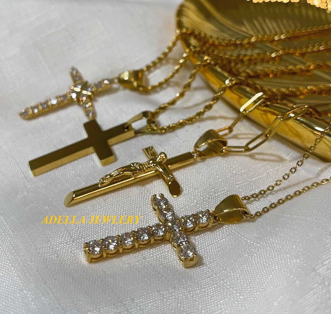 Gold Edelstahl Kreuz Halskette Religiöses Charm Anhänger Diamant Katholisch Jesus Christlicher Schmuck Geschenk Für Frauen Männer von AdellaJewelryStore