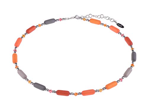 Adi-Modeschmuck zarte Zylinderkette 'Bille' aus Polariszylindern, geschliffenen Glasperlen und versilberten Zylinderperlen, handgefertigt in Berlin (Orange- und Grautöne) von Adi-Modeschmuck