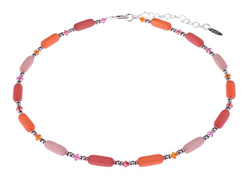 Adi-Modeschmuck zarte Zylinderkette Bille aus Polariszylindern, geschliffenen Glasperlen und versilberten Zylinderperlen, handgefertigt in berlin (Orange, Rosa, Rot) von Adi-Modeschmuck