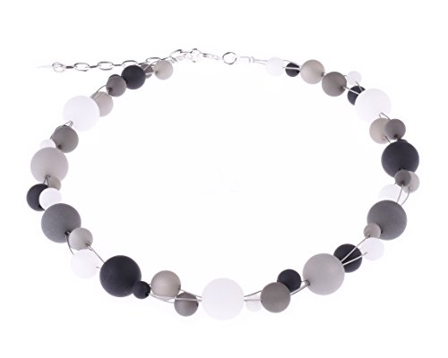 Adi-Modeschmuck Polariskette “Linda”, modischer Mix aus verflochtenen Polarisperlen in 6mm bis 14mm Größe, handgefertigt Berlin (schwarz weiß grau) von Adi-Modeschmuck