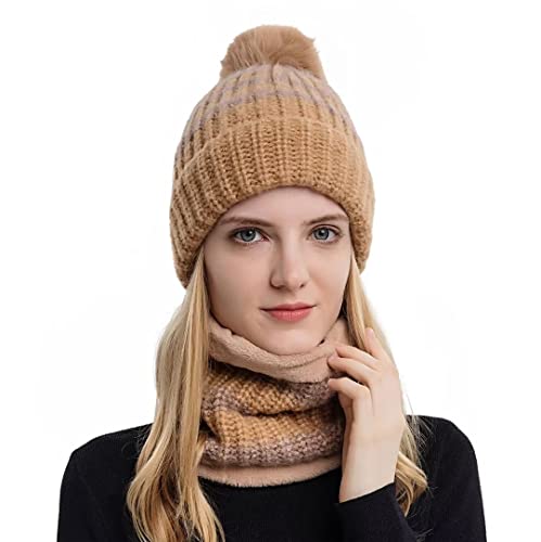 Adicloz Schal und Mütze Damen Set, Beanie mit Pompons Herbst Winter, Slouch Strick Fleecefutter Elastischer Mütze Schal mit Bommel für Wintergeschenk von Adicloz