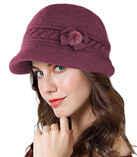 Adigaber Brim Cap Angoramütze Damen mit Fleece gefüttert Thermal Wintermütze Gestrickte Baskenmütze Häkelmode Strickmütze mit Schirm von Adigaber