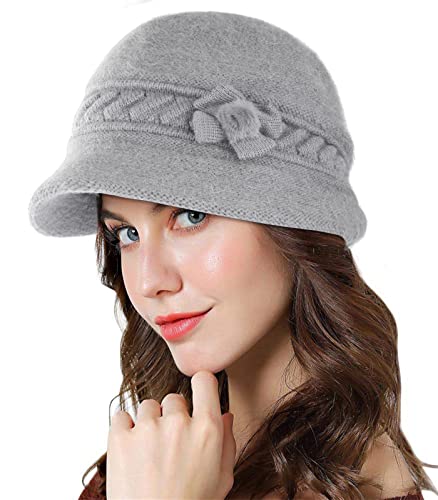 Adigaber Brim Cap Angoramütze Damen mit Fleece gefüttert Thermal Wintermütze Gestrickte Baskenmütze Häkelmode Strickmütze mit Schirm von Adigaber