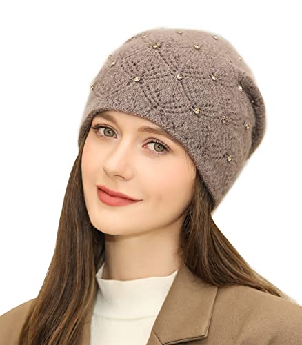 Adigaber Damen Beanie Mütze Warme Wintermütze doppelt Gestrickt Slouch Long Strickmütze mit edler Nieten Applikation Einheitsgröße von Adigaber