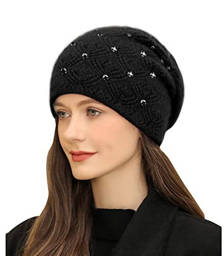 Adigaber Damen Beanie Mütze Warme Wintermütze doppelt Gestrickt Slouch Long Strickmütze mit edler Nieten Applikation Einheitsgröße von Adigaber