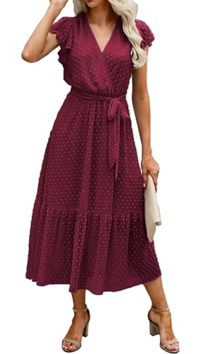 Adigaber Damen Bohemian Tunika Kleid Wickelkleid Sommerkleider Vintage Strandtunika V-Ausschnitt Rüschen Kurzarm Fließend Maxikleid mit Gürtel von Adigaber