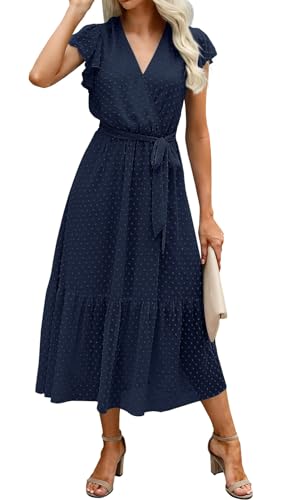 Adigaber Damen Bohemian Tunika Kleid Wickelkleid Sommerkleider Vintage Strandtunika V-Ausschnitt Rüschen Kurzarm Fließend Maxikleid mit Gürtel von Adigaber