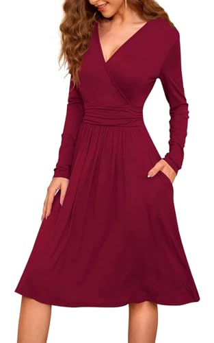 Adigaber Damen Kleid Langarm Herbstkleid V-Ausschnitt Knielang Blumenmuster Midi Kleid mit Taschen von Adigaber