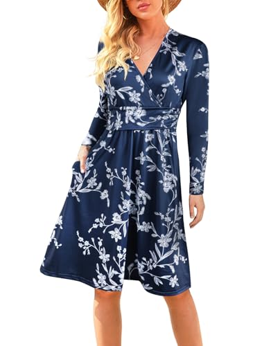 Adigaber Damen Kleid Langarm Herbstkleid V-Ausschnitt Knielang Blumenmuster Midi Kleid mit Taschen von Adigaber