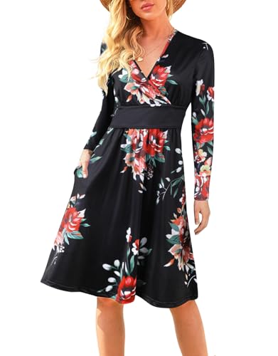 Adigaber Damen Kleid Langarm Herbstkleid V-Ausschnitt Knielang Blumenmuster Midi Kleid mit Taschen von Adigaber