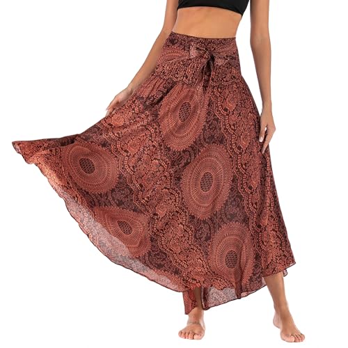 Adigaber Lang Gedruckter Rock Damen Chiffon Bohemien Einheitsgröße Maxirock Verstellbares Riemen Kleid Urlaub Sommerrock Strandkleider von Adigaber