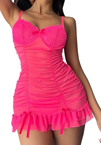 Adigau Damen Sexy Durchsichtig Nachtwäsche Herz Blumen Lingerie Babydoll Schlafanzug Thong Rüschen Nachthemd mit Tanga Nachtclub Kleid von Adigau