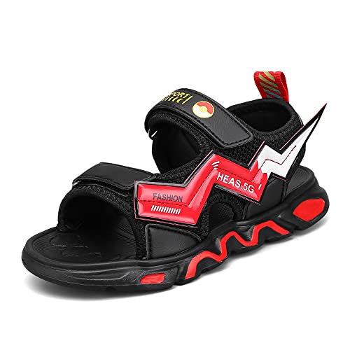 Adoff Jungen Sandalen Weicher, bequemer und atmungsaktiver für Grundschüler Klettverschluss Sommer (32,Schwarz Rot,Grundschulkind,Kind) von Adoff