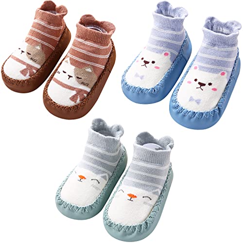 Adorel Baby Hüttenschuhe Baumwolle Rutschfest ABS Socken Stoppersocken 3er-Pack Hellgrün & Blau & Braun 2-3 Jahre (Herstellergröße 15) von Adorel