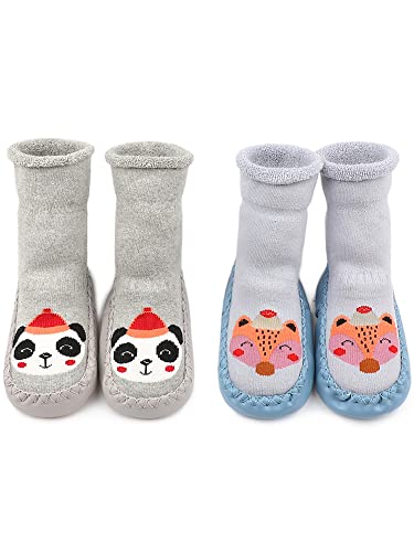 Adorel Baby Hüttenschuhe Gefüttert Socken Anti-Rutsch 2 Paar Blau Fuchs & Grau Panda 19-21 (Herstellergröße 13) von Adorel