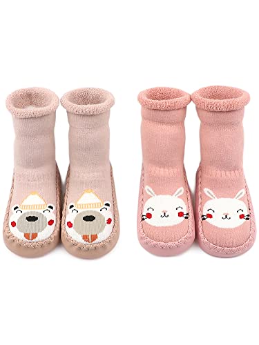 Adorel Baby Hüttenschuhe Gefüttert Socken Anti-Rutsch 2 Paar Pink Häschen & Bärchen 24 (Herstellergröße 15) von Adorel