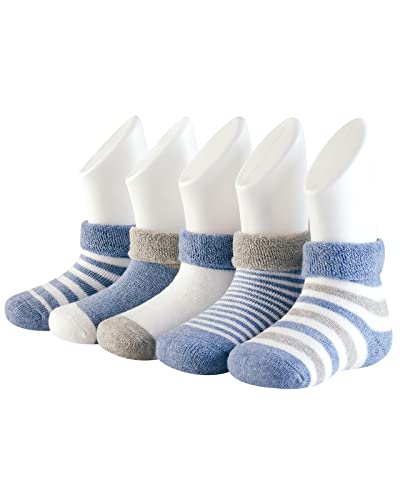 Adorel Baby Jungen Socken Baumwolle Frottee Gefüttert Winter Strümpfe 5er-Pack Dunkelblau Streifen 0-6 Monate (Herstellergr. S) von Adorel