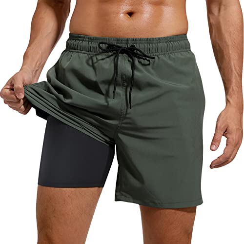 Adorel Herren Sport Shorts 2 in 1 mit Tasche Kurz Strand Sporthosen Laufshorts Armeegrün mit Kompression XL von Adorel