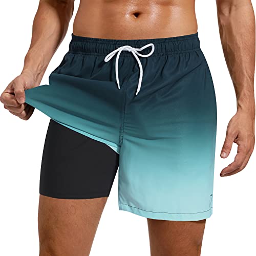 Adorel Herren Sport Shorts 2 in 1 mit Tasche Kurz Strand Sporthosen Laufshorts Gradient Grün mit Kompression 2XL von Adorel