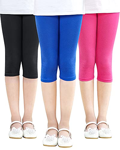 Adorel Mädchen Capri Leggings Baumwolle 3/4 Sommer Kurz Hosen Shorts 3er-Pack Blau & Amaranth & Schwarz 116-122 EU (Herstellergröße 120) von Adorel