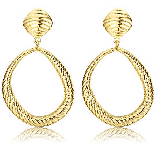 ADRAMATA Ohrring Clip für Damen Gold Ohrclips Damen Ohne Ohrlöcher Großer Runder Wassertropfen Baumelnde Ohrringe Matt Gehämmert Geometrische Ohrringe Fake Earrings Gold Ohrringe Non Piercing von Adramata