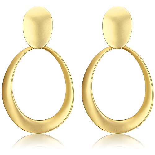 ADRAMATA Ohrring Clip für Damen Gold Ohrclips Damen Ohne Ohrlöcher Großer Runder Wassertropfen Baumelnde Ohrringe Matt Gehämmert Geometrische Ohrringe Fake Earrings Gold Ohrringe Non Piercing von Adramata