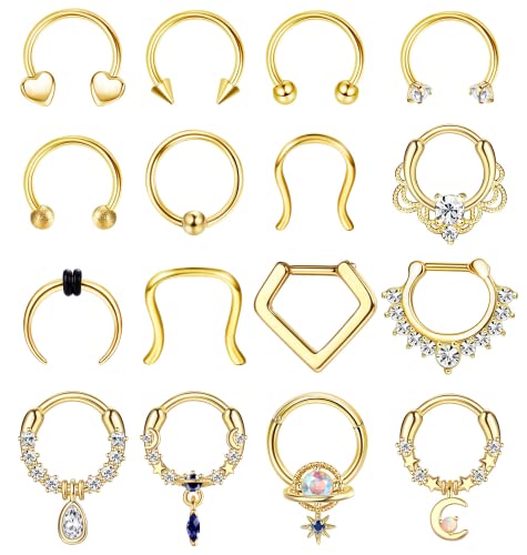 Adramata 16G Septum Ringe Septum Piercing, Edelstahl Conch Piercing Ring, Clicker Hufeisennase Hoop Ringe, CZ Knorpel Helix Tragus Daith Ohrringe Nase Piercing-Schmuck für Männer Frauen, 10mm,G von Adramata