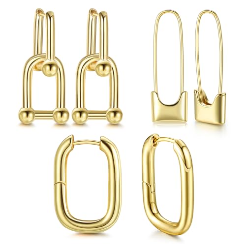 Adramata Gold Creolen Ohrringe Set für Damen und Mädchen, 14K Vergoldet U-förmige Goldene Ohrringe, Hypoallergene Creolen Gold/Silber, Tropfen Ohrhänger Set, 3 Paar,G von Adramata