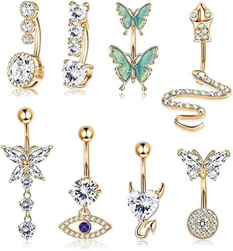 Adramata 8 Stück 14G Bauchnabelringe,Damen Bauchnabelpiercing Chirurgenstahl,Süßer Schlangen Evil Eye Herz klarer CZ Schmetterling,Baumelnde Piercing Bauchnabel für Frauen Bauchnabelpiercing Pack von Adramata