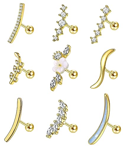 Adramata 9 Stück Piercing Helix 16G Chirurgenstahl Knorpelohrringe Ohrstecker Schlangenblume Opal CZ Tragus Ohrringe für Frauen Conch Knorpel Ohrpiercing Gold Silber Helix Piercing Ohr Schmuck,G von Adramata