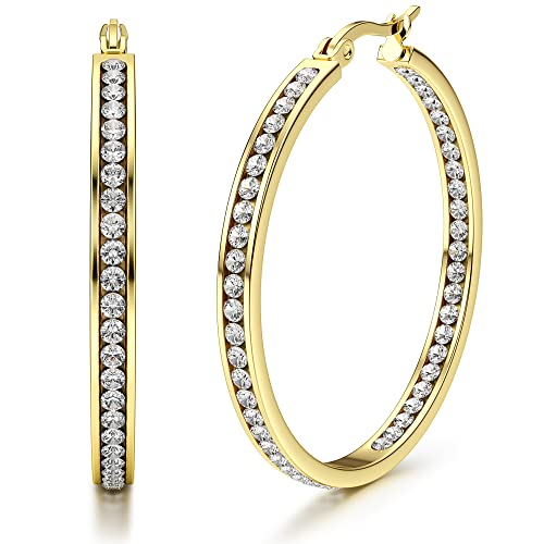 Adramata Ohrringe Creolen Edelstahl Damen Mädchen Hypoallergen Creolen mit Steinen Cubic Zirkonia Große Creolen Geschenke für Frauen Damen Creolen Gold Groß 40mm von Adramata