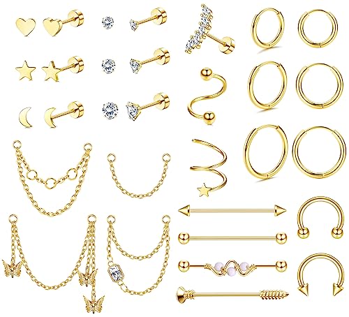 Adramata 31Pcs Helix Piercings Chirurgenstahl Ohrringe Piercing Creolen Ohrringe Set Ohrstecker Knorpel Conch Piercing Industrial Piercing Ohrringe Gold Silber Helix Tragus Piercing Ohr Schmuck von Adramata