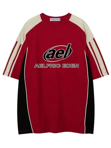 Aelfric Eden Herren Sommer Fußball Shirt Damen Oversized Rundhals Kurzarm Vintage Raglan Jersey Basic Tshirt mit Stripes Casual Oberteile Streetwear Rot S von Aelfric Eden