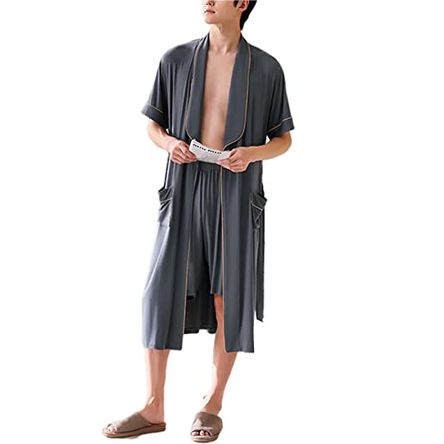 Aeyridepor Herren Modal Robe Leichter Sommer Kurzarm Bademantel Mit Shorts Set Spa Kimono Nachtwäsche,Gray 01,XL von Aeyridepor