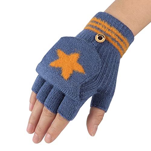 AfinderDE Kinder Fausthandschuhe Mädchen jungen Abnehmbare Klappe Strickhandschuhe Fäustlinge Handschuhe Fingerhandschuhe Fingerlos Halb Handschuhe Strick Handschuhe Winterhandschuhe (Blau 1) von AfinderDE