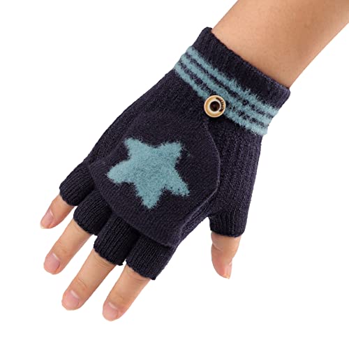 AfinderDE Kinder Fausthandschuhe Mädchen jungen Abnehmbare Klappe Strickhandschuhe Fäustlinge Handschuhe Fingerhandschuhe Fingerlos Halb Handschuhe Strick Handschuhe Winterhandschuhe (Blau 2) von AfinderDE