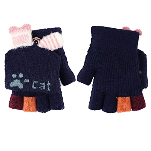 AfinderDE Kinder Fausthandschuhe Mädchen jungen Abnehmbare Klappe Strickhandschuhe Fäustlinge Handschuhe Fingerhandschuhe Fingerlos Halb Strick Winterhandschuhe (Dunkelblau 3), L von AfinderDE