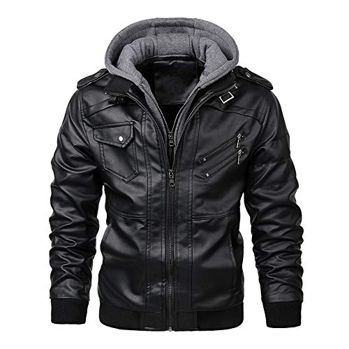 Agess Herren Lederjacke, Abnehmbarer Kapuze Hooded Leather Jacket Mit Reißverschluss (3,XXL) von Agess