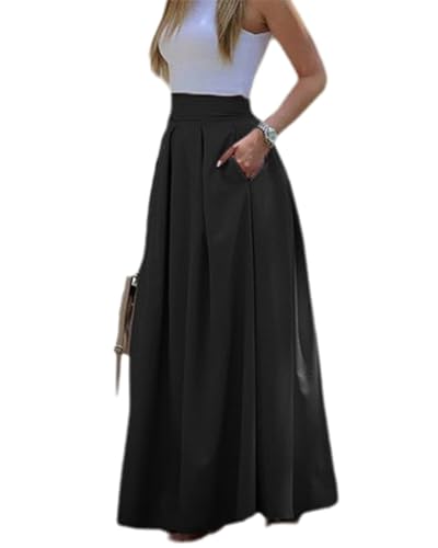 Agiyenna Damen A-Linie Elegant Faltenrock Freizeitrock mit Hohem Bund Skirt Boho Casual Strandrock Sommerrock Frauen Einfarbig Langer Rock von Agiyenna