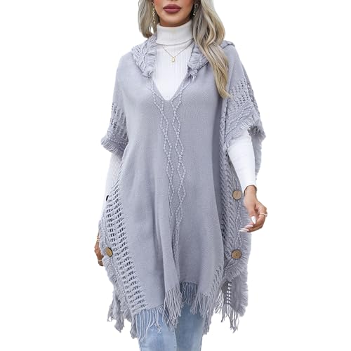 Agiyenna Damen Boho Elegant Strick Poncho mit Kapuze und Fransen Solid Color Einfarbige Warm Cape Lose Pulli Pullover mit V-Ausschnitt von Agiyenna