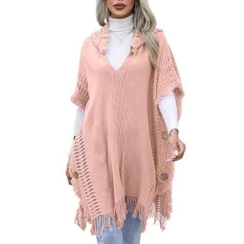 Agiyenna Damen Boho Elegant Strick Poncho mit Kapuze und Fransen Solid Color Einfarbige Warm Cape Lose Pulli Pullover mit V-Ausschnitt von Agiyenna